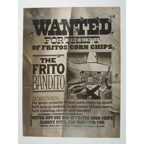 The Frito Bandito Wanted Faux Poster Vintage Style Print AD 1968 Kitchen Decor - Picture 1 of 2